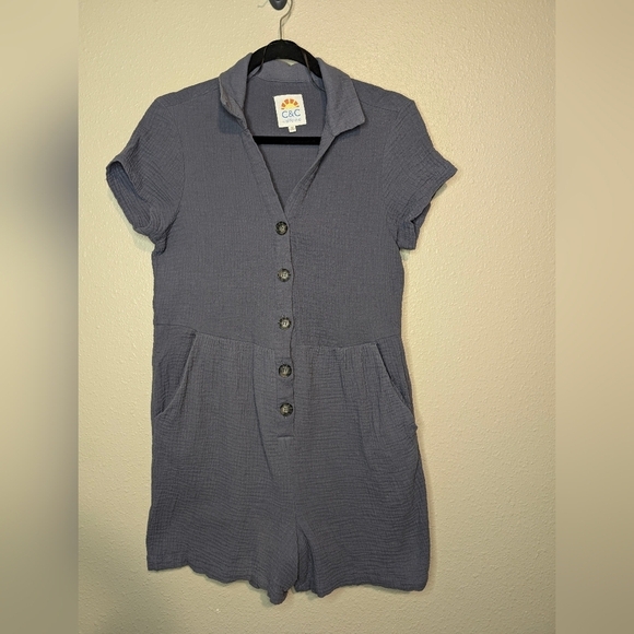C&C California Tops - C&C California Size Medium Button up Romper Shorts with Pockets Color Blue